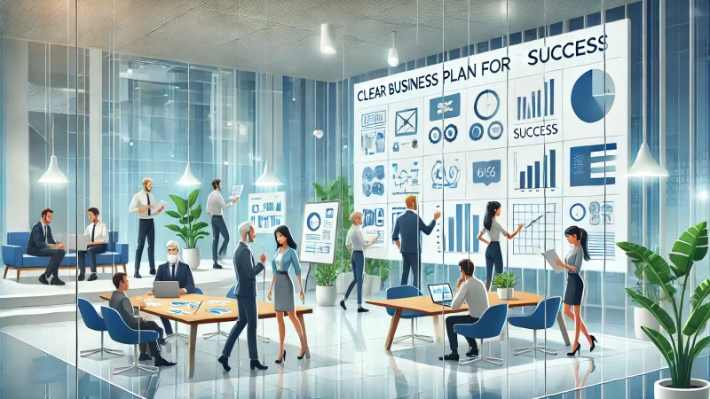 How to Start an Online Digital Marketing Business in 2025 A modern and informative illustration in 16:9 aspect ratio featuring animated characters working together to create a clear business plan for success.