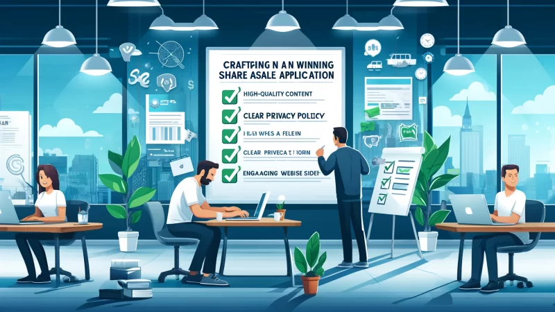 How to Get Approved on ShareASale and Start Earning A modern and informative digital illustration depicting the process of crafting a winning ShareASale application.