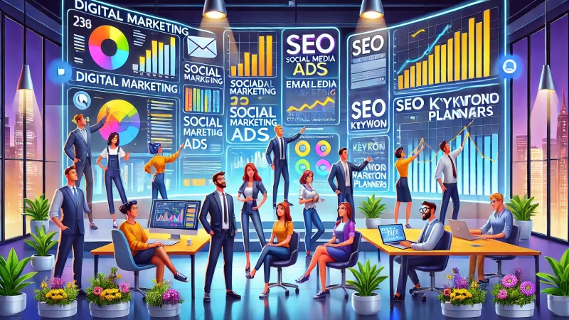 How to Start an Online Marketing Business in Just 7 Days A modern and informative illustration featuring animated characters mastering key digital marketing strategies.