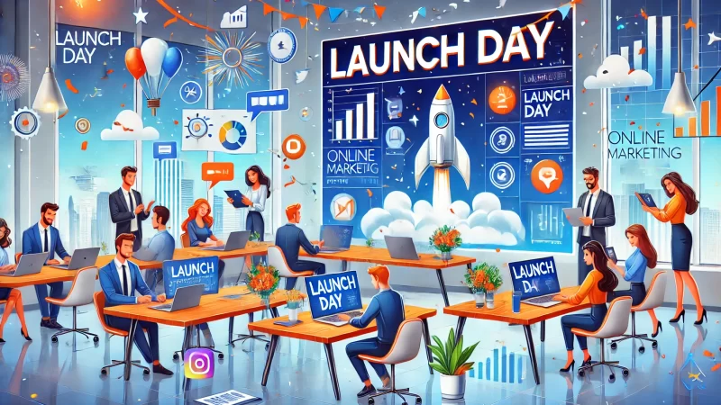 How to Start an Online Marketing Business in Just 7 Days A modern and vibrant illustration depicting the launch and promotion of an online marketing business.