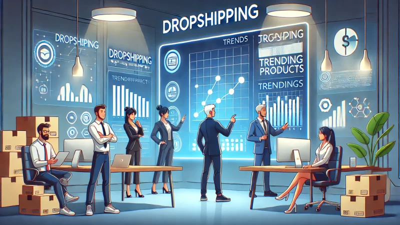 How to Find Trending Products for Dropshipping That Sell Fast A modern and informative illustration with a 16:9 aspect ratio featuring animated characters discussing dropshipping trends.