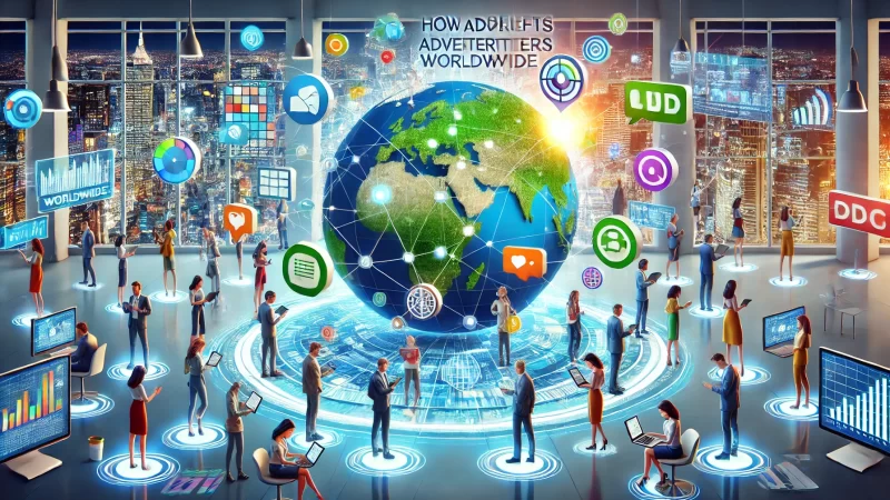 What Is Adsterra? Discover This Powerful Ad Network Today A digital illustration of animated characters representing diverse advertisers from around the world, gathered around a large modern globe displaying interconnected networks and digital advertising platforms.