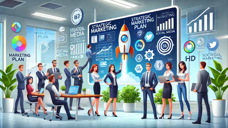 How to Start an Online Digital Marketing Business in 2025 A modern and informative illustration in 16:9 aspect ratio featuring animated characters launching a strategic marketing plan.