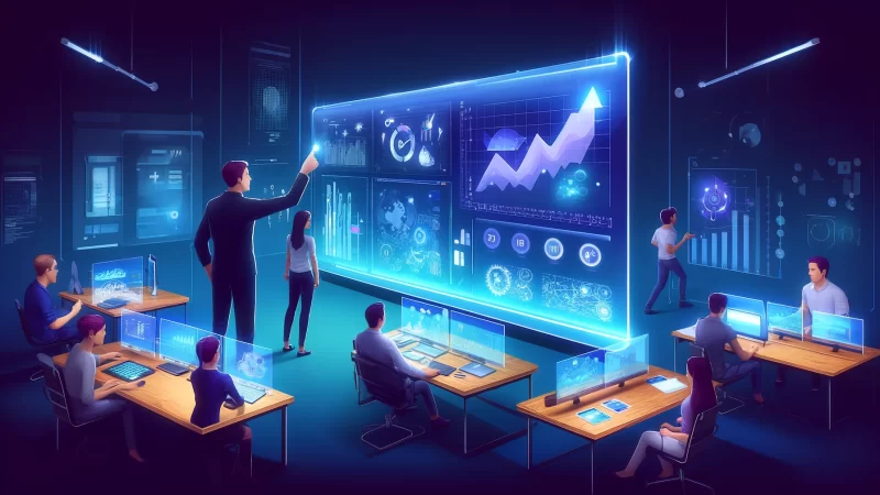 How to Find Affiliate Products You’ll Love Promoting A modern digital illustration depicting animated characters collaborating at a futuristic workspace.