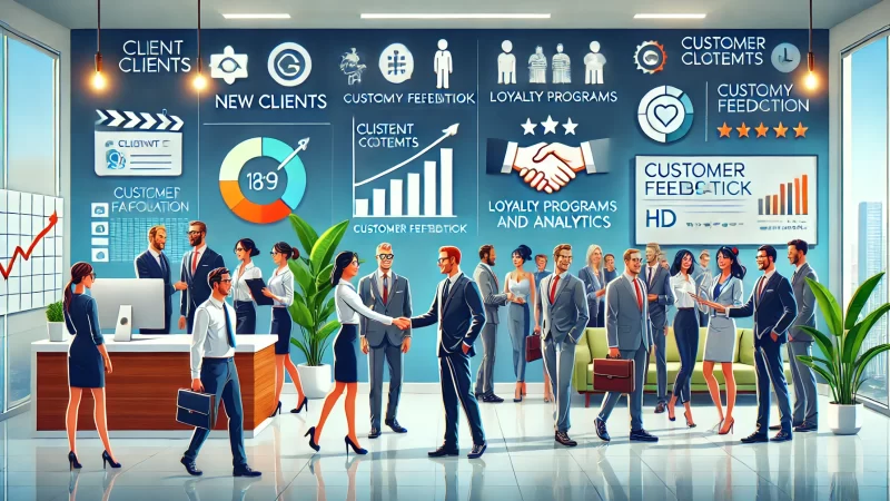 How to Start an Online Digital Marketing Business in 2025 A modern and informative illustration in 16:9 aspect ratio featuring animated characters engaging in activities related to client acquisition and retention.