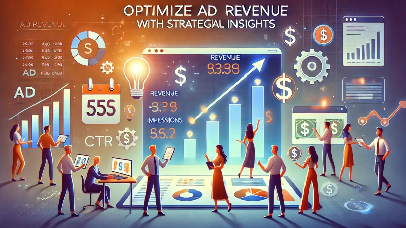 How to Calculate Ad Revenue of an App in 5 Simple Steps A modern and informative digital illustration designed for the text heading 'Optimize Ad Revenue With Strategic Insights'.