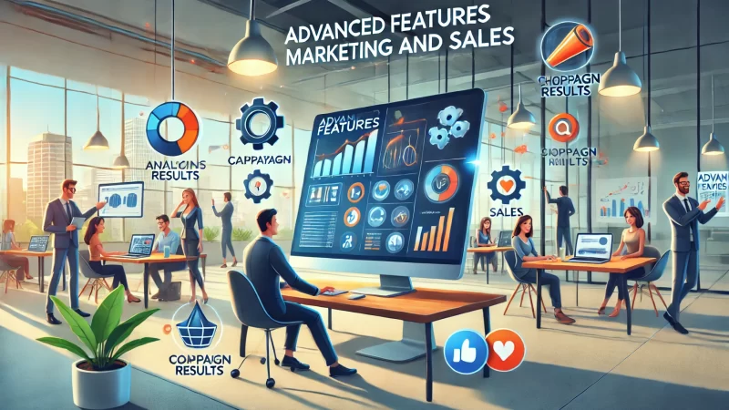 Tidio Live Chat: Boost Sales with Real-Time Engagement A digital illustration showcasing advanced features for marketing and sales, featuring animated characters actively using technology to optimize their work.