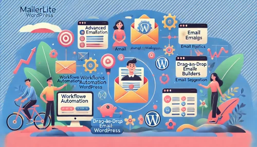 MailerLite WordPress Integration: Boost Email Marketing Now Create a modern and informative image featuring animated characters and scenes related to advanced MailerLite WordPress features.