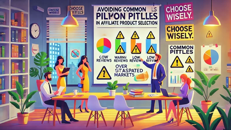 How to Choose Profitable Affiliate Products for Beginners A modern digital illustration of animated characters addressing 'Avoiding Common Pitfalls in Affiliate Product Selection.'