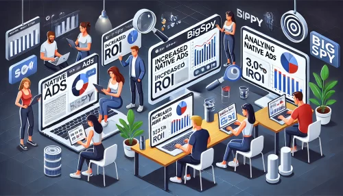 Bigspy Native Ads Spy Tool: Track, Analyze, and Win A modern and informative digital illustration featuring animated characters analyzing native ads on multiple devices such as laptops, tablets, and smartphones.