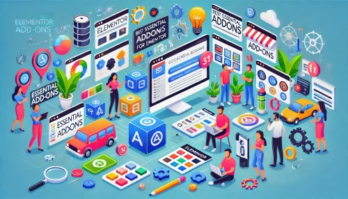 Top Essential Addons for Elementor to Supercharge Your Site Create a modern and informative image with animated characters and scenes related to the topic: 'Best Essential Addons for Elementor to Elevate Your Website'.