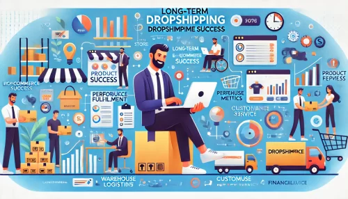 How to Use Dsers Shopify for Seamless Dropshipping A modern and informative illustration featuring animated characters and scenes related to long-term dropshipping success.