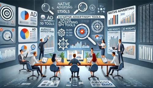 Bigspy Native Ads Spy Tool: Track, Analyze, and Win A modern and informative image featuring animated characters analyzing native ad campaigns using BigSpy, a powerful ad spy tool.