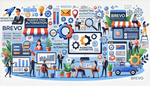 Brevo Marketing Automation: Save Time, Increase Profits Create a modern and informative image with a 16:9 aspect ratio, featuring animated characters and scenes related to the topic: 'Brevo Marketing Automation for Different Business Sizes.'