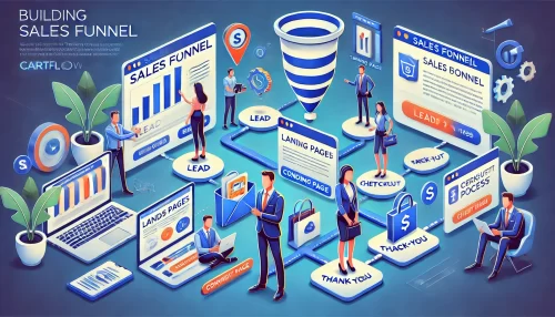 CartFlows Plugin: Simplify Your Sales Funnels Like a Pro A modern and informative digital illustration featuring animated characters and scenes related to building a sales funnel using the CartFlows plugin.