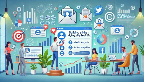 Effective Email Marketing Strategies to Boost Your Sales A modern and informative illustration featuring animated characters and scenes depicting the concept of building a high-quality email list.