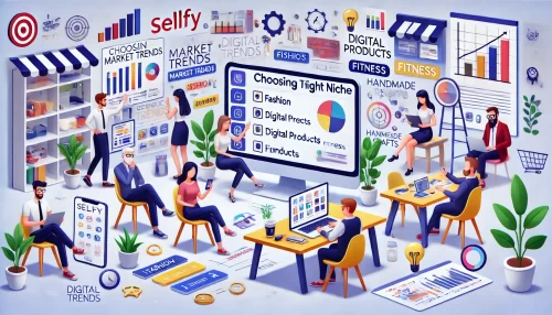 How to Start a Profitable Sellfy Store in 2025 A modern and informative digital illustration featuring animated characters discussing and brainstorming ideas for choosing the right niche for a Sellfy store.