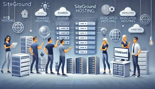 Which SiteGround Hosting Packages is Best for You? A modern and informative illustration showing animated characters and scenes related to web hosting and decision-making.