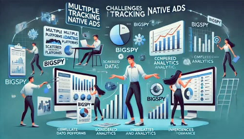 Bigspy Native Ads Spy Tool: Track, Analyze, and Win A modern and informative digital illustration featuring animated characters and scenes representing challenges in tracking native ads.