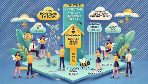 Honeygain App: Earn Passive Income with Your Internet A modern and informative digital illustration featuring animated characters and scenes addressing common myths and misconceptions about the Honeygain app.