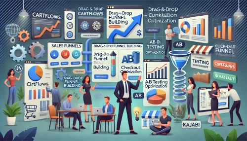 CartFlows Plugin: Simplify Your Sales Funnels Like a Pro A modern and informative digital illustration featuring animated characters and scenes comparing the CartFlows plugin with other sales funnel tools.
