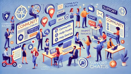 Top 10 Reasons to Use Divi Theme for Stunning Sites A modern, informative digital illustration featuring animated characters engaging with various support and community resources.