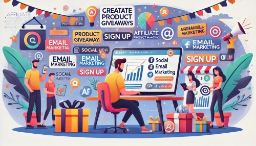 How to Promote Affiliate Products Without a Website A modern and informative digital illustration featuring animated characters and scenes related to creating affiliate product giveaways.