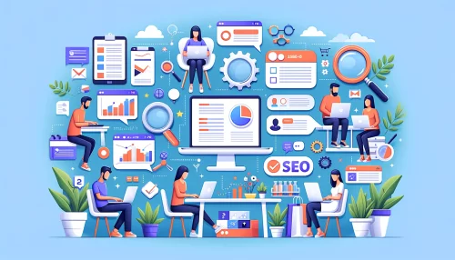 How to Start a Profitable Sellfy Store in 2025 A modern and informative image featuring animated characters and scenes that illustrate the process of creating high-converting product listings.