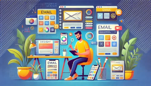 Effective Email Marketing Strategies to Boost Your Sales A modern and informative illustration showcasing animated characters and scenes related to designing visually appealing and mobile-friendly emails.