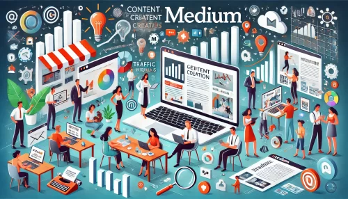 How to Promote Affiliate Products Without a Website A modern and informative digital illustration featuring animated characters and scenes representing content creation on Medium.