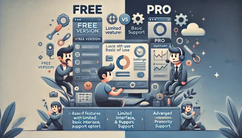 Ad Inserter Pro vs Free: Which Version Is Right for You? A modern, informative digital illustration featuring animated characters and scenes comparing the ease of use between free and pro versions of a software or service.