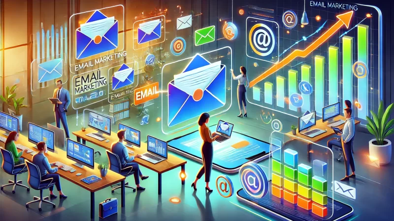 How Online Marketing Helps Business Attract New Customers A vibrant, modern, and informative 16:9 image illustrating email marketing to engage and convert leads.