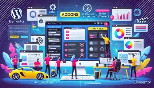 Top Essential Addons for Elementor to Supercharge Your Site A modern and informative digital illustration featuring animated characters working on enhancing a website using Elementor addons.