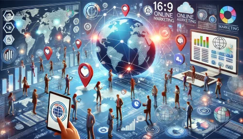 How Online Marketing Helps Business Attract New Customers A modern and visually engaging 16:9 aspect ratio scene illustrating the concept of expanding globally with online marketing.
