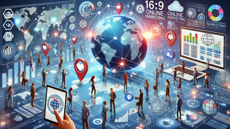How Online Marketing Helps Business Attract New Customers A modern and visually engaging 16:9 aspect ratio scene illustrating the concept of expanding globally with online marketing.