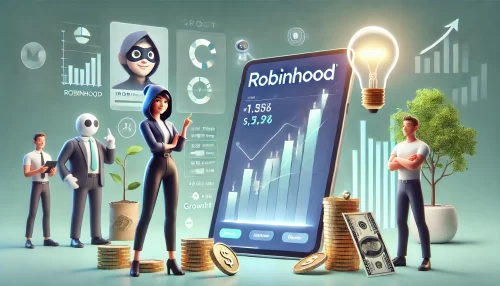 Is Robinhood Stock a Smart Buy for Beginners? A modern and informative illustration featuring animated characters and scenes, focusing on investing wisely in Robinhood stocks.