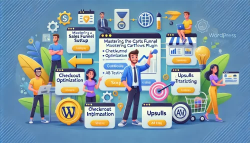 CartFlows Plugin: Simplify Your Sales Funnels Like a Pro A modern and informative digital illustration featuring animated characters and scenes related to mastering the CartFlows plugin.