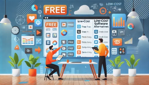 QuickBooks Online Pricing 2025: Is It Still Worth the Cost? A modern, informative scene featuring animated characters comparing free and low-cost software alternatives on two large digital screens.