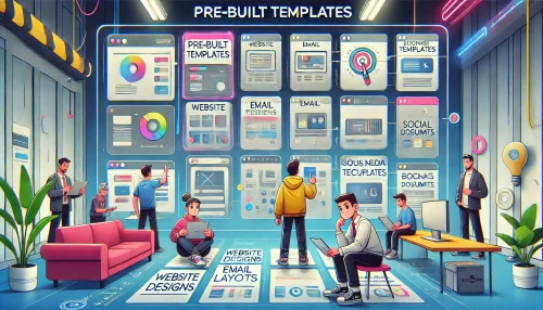 Top 10 Reasons to Use Divi Theme for Stunning Sites A modern and informative digital illustration featuring animated characters interacting with an extensive library of pre-built templates.