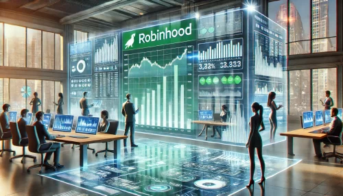 Is Robinhood Stock a Smart Buy for Beginners? A modern and informative digital illustration featuring animated characters and scenes, focusing on the financial performance of Robinhood stock.