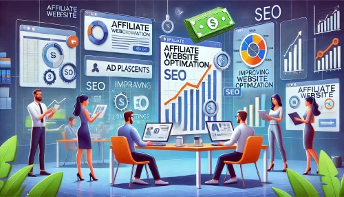 Why Your Affiliate Website Isn’t Making Money (And Fixes) A modern and visually engaging digital illustration featuring animated characters working on an affiliate website optimization project.
