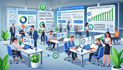 Brevo Marketing Automation: Save Time, Increase Profits A modern and informative digital illustration featuring animated characters using Brevo marketing automation software to streamline their tasks.