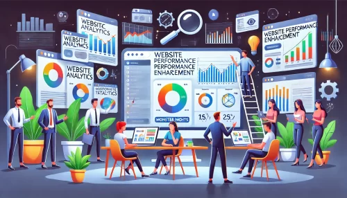 Why Google Analytics for WordPress by MonsterInsights Is Essential Create a modern and informative image with a 16:9 aspect ratio featuring animated characters and scenes related to website performance enhancement using MonsterInsights.