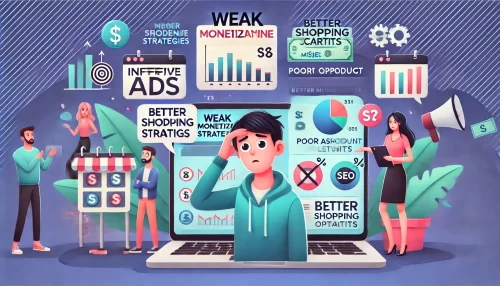 Why Your Affiliate Website Isn’t Making Money (And Fixes) A modern and informative illustration showcasing animated characters and scenes related to weak monetization strategies on an affiliate website.