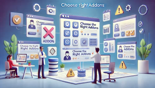 Top Essential Addons for Elementor to Supercharge Your Site A modern and informative image featuring animated characters and scenes illustrating the concept of choosing the right addons for a website.