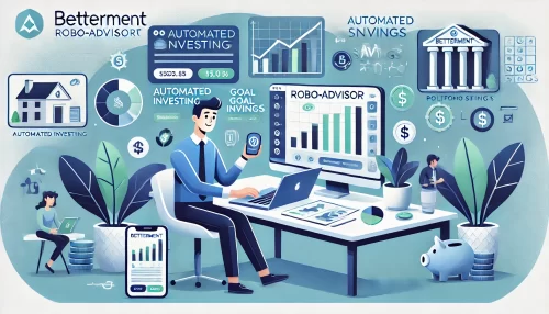 How Betterment Robo Advisor Can Maximize Your Investments An informative and modern illustration featuring animated characters using the Betterment robo-advisor platform.