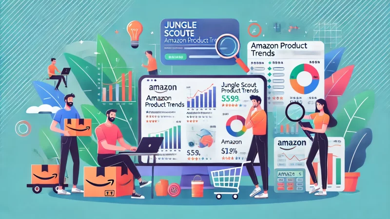 Jungle Scout: Your Key to Seller Success A modern and informative illustration featuring animated characters using a Jungle Scout-like tool.