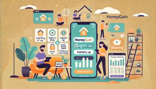 Honeygain App: Earn Passive Income with Your Internet A modern and informative illustration featuring animated characters setting up the Honeygain app on their smartphones, tablets, and laptops.