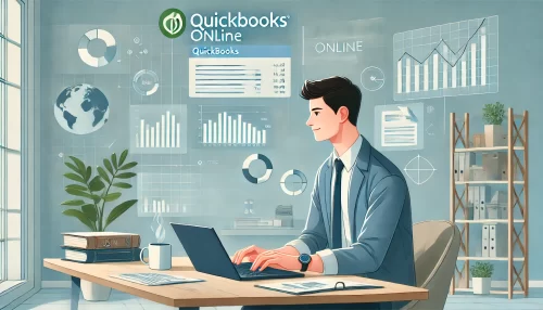 QuickBooks Online Pricing 2025: Is It Still Worth the Cost? A modern, informative scene depicting a small business owner at their desk using a laptop with QuickBooks Online open on the screen.