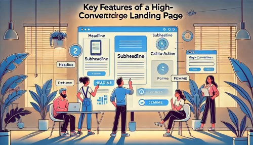 Top 5 Unbounce Landing Page Examples That Work A modern digital illustration featuring animated characters interacting with a large digital landing page displayed on a screen.